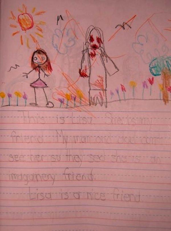 15. Küçük bir kızın kendisini ve Lisa adındaki hayali arkadaşının resmini çizmesi.