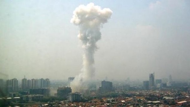 3. A mushroom cloud formed after a bomb attack on the Australian Embassy in Jakarta.