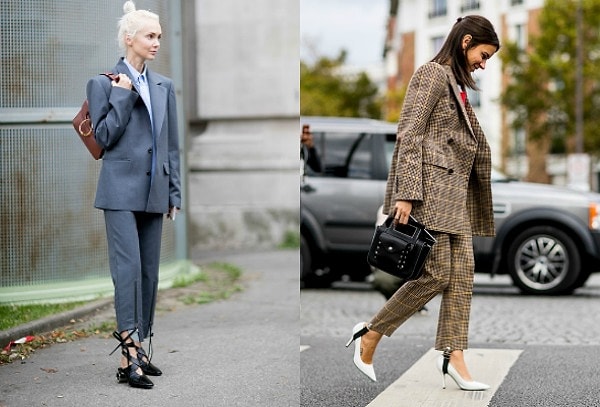 3. А вот и пример официально-делового стиля. Пиджаки "с мужского плеча" и брюки оверсайз в сочетании с женственными лодочками на шпильке захватили улицы фэшн-столиц.