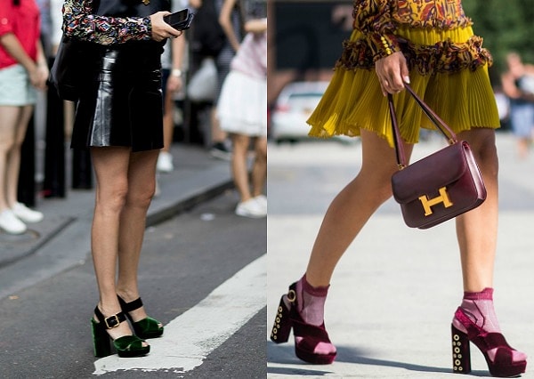 20. Это касается и обуви! Босоножки на широком каблуке и платформе, а также бархатные ботильоны сделают образ шикарным.