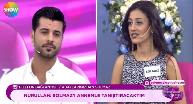 Bir türlü istediği gibi bir ilişkinin içine girip hayırlı bir izdivaç gerçekleştiremeyen Solmaz, stüdyoda bulunan adaylardan Nurullah'a talip oldu.
