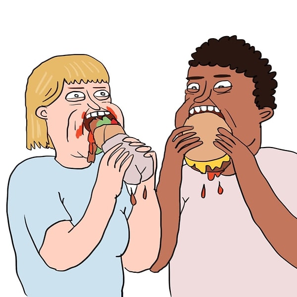 1. Когда вы впервые едите фаст-фуд друг напротив друга