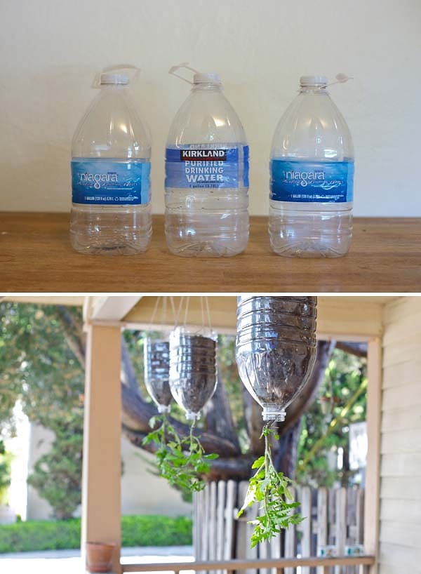 9. Устройте подвешиваемые горшки для растений из пластиковых бутылок