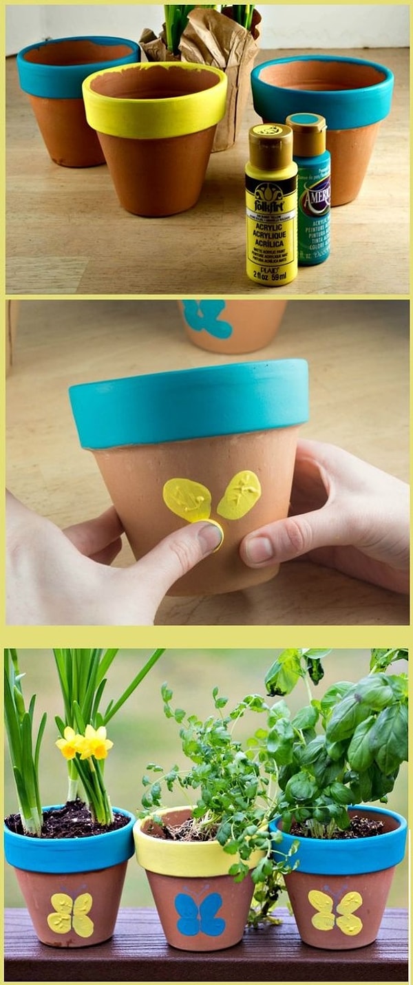 3. Украсьте горшки для цветов, используя пальчиковые краски