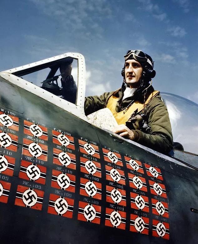 5. A portrait of American Lieutenant Colonel Francis S. Gabreski as he sits in the cockpit of his Republic P-47 Thunderbolt fighter plane. Gabrewski was the top American fighter ace with 28 kills and later became an ace in the Korean War.