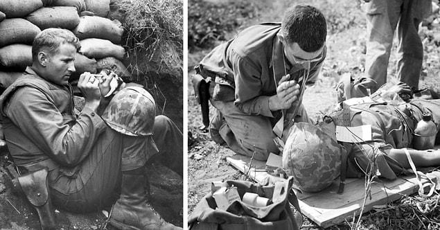 17. Left: A US soldier feeds a small kitten while in a trench dug by US soldiers along the line of defense. Right: A fatally wounded Marine receives his last rites from a Catholic chaplain in the field.