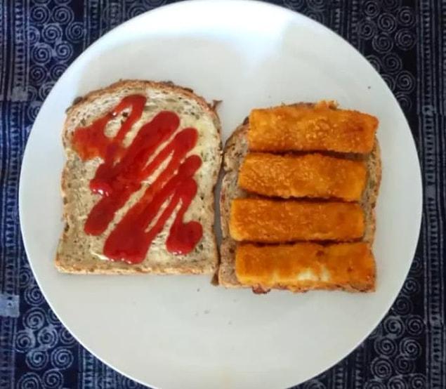 1. Fish finger sandwiches with ketchup.