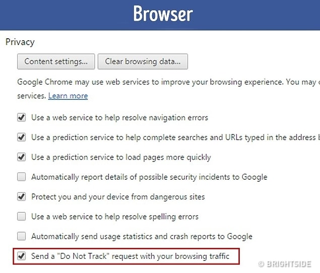 Chrome tarayıcısında ise, Ayarlar > Gelişmiş Ayarları Göster > Gizlilik tarayıcı trafiğinde 'Takip Etmeyi Bırak' seçeneğini işaretleyin.