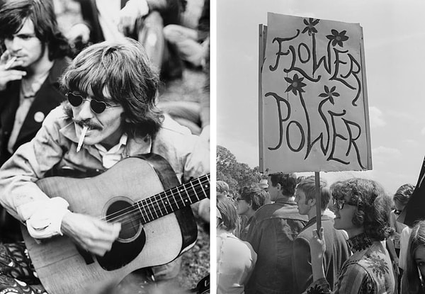 13. Слева - Джордж Харрисон наигрывает на заимствованной гитаре среди толпы местных хиппи в Сан-Франциско в 1967 г. Справа - демонстранты на марше в поддержку легализации наркотиков в лондонском Гайд-парке в 1967 году.