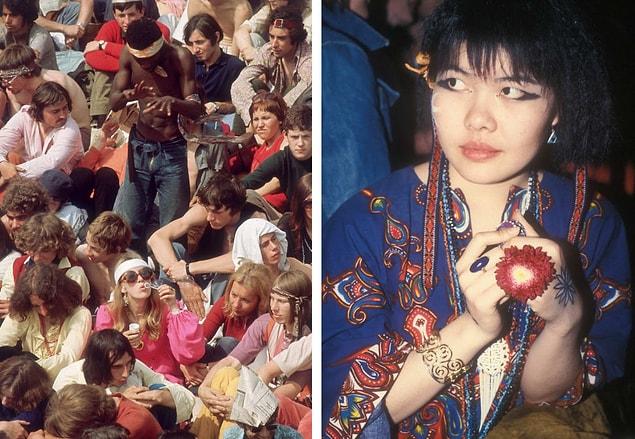 2. Left: Fans wait for the Rolling Stones to perform in London's Hyde Park in July 1969. Right: A young woman wearing fresh flowers, body paint, and vivid colors.