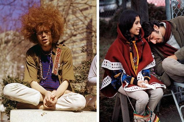 4. Left: A young hippie sits cross-legged in a New York City park in 1969. Right: A couple waits for the start of the Monterey Pop Festival in California in 1967.