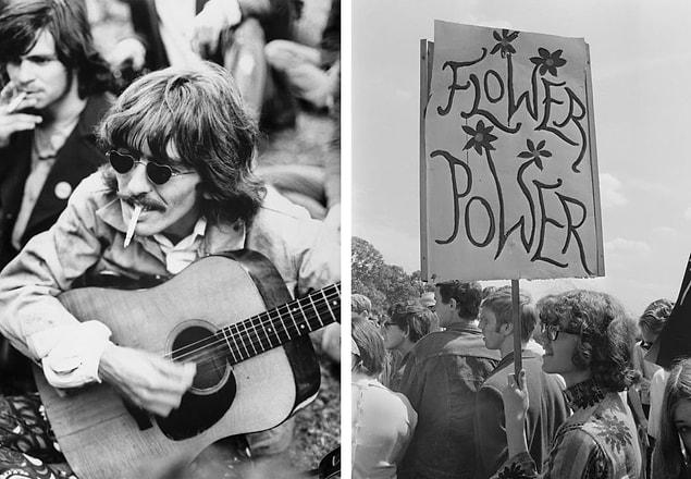 12. Left: George Harrison strums a borrowed guitar among a crowd of local hippies strolling through San Francisco's Golden Gate Park in 1967. Right: Demonstrators march in support for the legalization of drugs in London's Hyde Park in 1967.