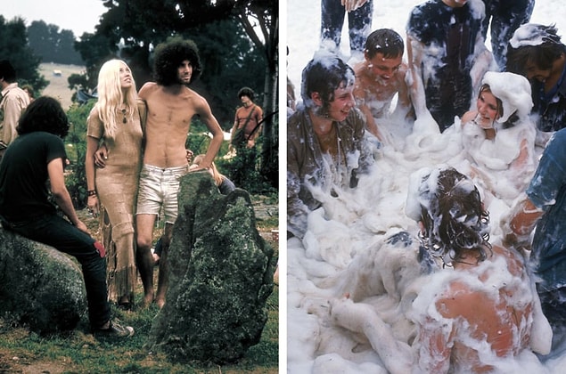 15. Left: A couple pose together during the Woodstock Music and Arts Fair in 1969. Right: A group of people frolic in a pile of foam at the Isle of Wight Festival.