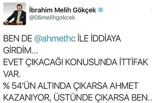 Bu muhteşem ikili en son geçtiğimiz Anayasa Değişikliği Referandumu sonuçları ile ilgili iddiaya girmişler. Melih Başkan, Twitter'dan konuyu özet geçmiş hatta.