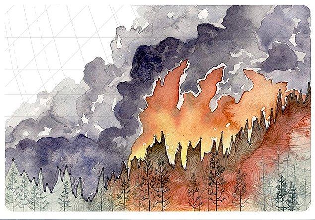 Orman yangınları resminin derin morları ve kırmızıları arasında küresel ısı artışı verileri gizli.