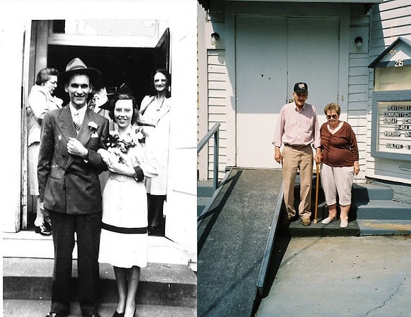 9. На пороге церкви, в которой они поженились.