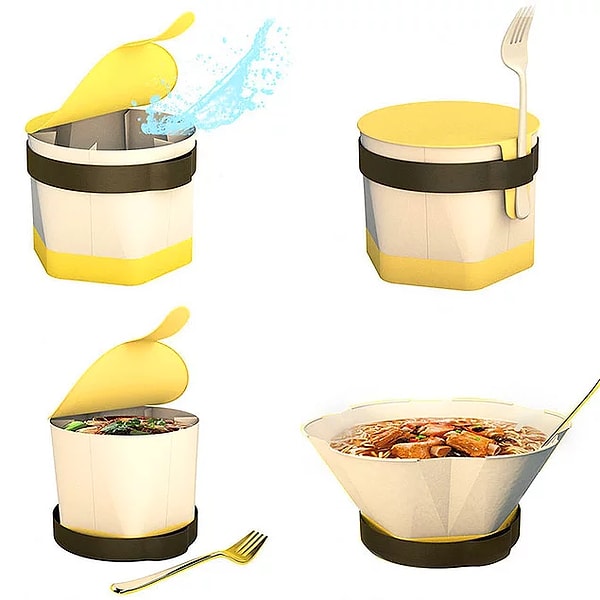 5. Упаковка для лапши быстрого приготовления, которая уменьшается в размерах, когда она пуста, и увеличивается, когда в ней есть вода. Дизайн — Cao Weizhi&Ding Jian&Chen Yuru