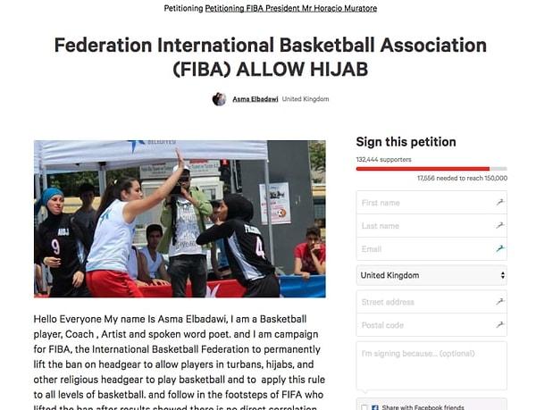 #FIBAAllowHijab (FIBA Başörtüsüne izin ver) kampanyası Change.org üzerinde 132,444 imza aldı.