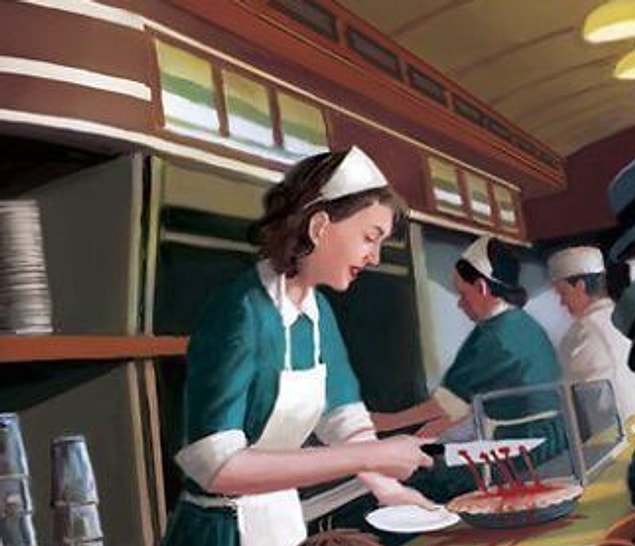 What about the waitress who's holding a bloody knife in her hand while trying to cut something?