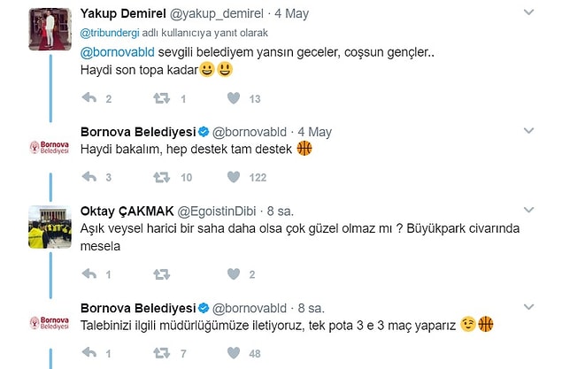 Bazı belediyeler taleplere yanıt verirken oldukça samimi davranmış. Twitter'daki belediyecilik anlayışı çok güzel bir şey :)