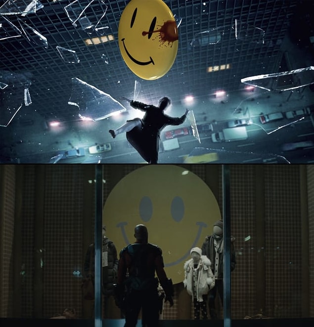 8. Deadshot dev bir gülen suratın önünde durduğunda DC'nin 'Watchmen'ine ufak bir gönderme var. Bu surat The Comedian'ın nişanına benziyor, tabii kan sıçramamış hali.