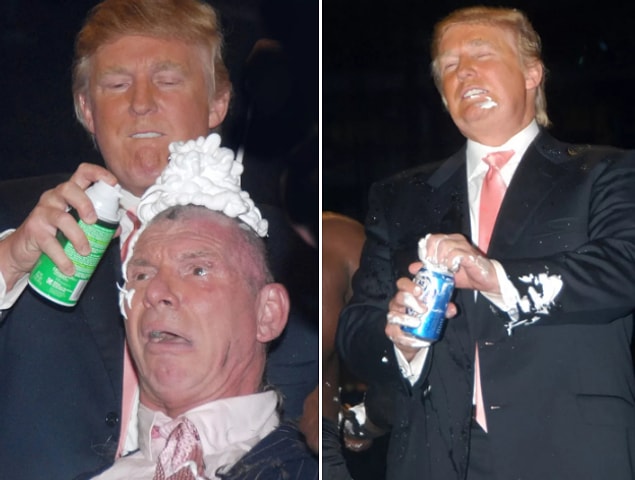 2. Trump getting a kick out of shaving Vince McMahon's head, then proceeding to chug a beer at Wrestlemania 23 in 2007.