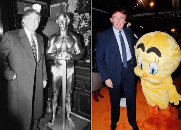 13. Cheerfully posing with a naked silver guy holding a sword and a gigantic Tweety Bird, circa 1996.