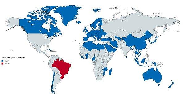 23. Mavi ülkelerdeki cinayet sayılarını topladığınızda Brezilya'daki cinayet sayısını geçemiyor.