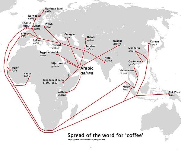 19. Kahve kelimesinin ülkelere dağılımı