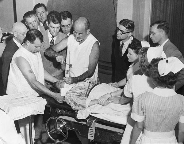 9. Pioneering and prolific lobotomist Dr. Walter Freeman performs a lobotomy with an instrument similar to an ice pick at Western State Hospital in Lakewood, Washington on July 11, 1949.