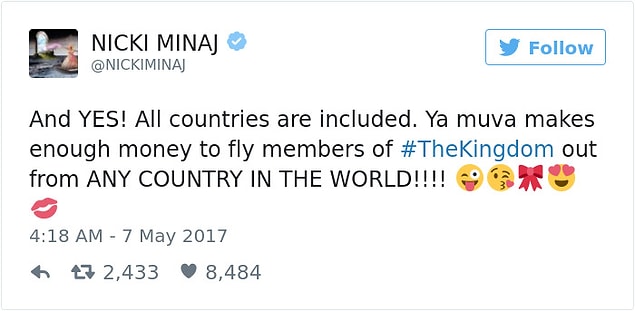 Nicki ayrıca herhangi bir ülke kısıtlamasının olmadığını da kendi tarzı konuşmasıyla belirtti.