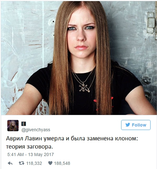 1. Итак, пользователь Twitter предположил, что Аврил Лавин умерла, а вместо нее по сцене теперь разгуливает клон.
