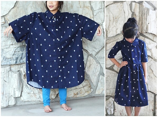 6. Саре понравился узор с парусниками на этой огромной мужской рубашке, так что она решила превратить ее в платье.