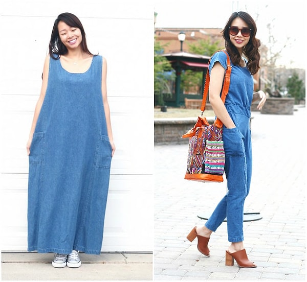 9. Шикарный комбинезон из огромного джинсового платья.