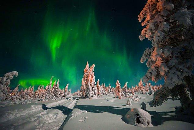 18. Ekim'den Mart ayına kadar Kuzey Işıklarını görmek için Lapland, Finlandiya'ya gidin.