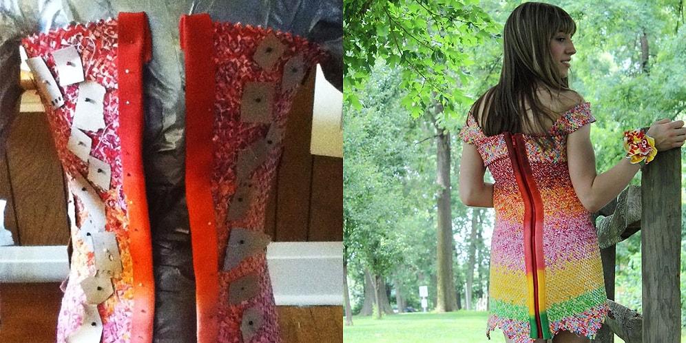 Inspired By Their First Date, Woman Uses 10.000+ Candy Wrappers And 4 Years To Make This Dress!