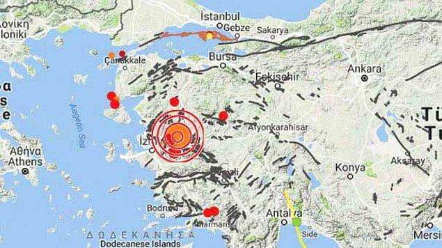 İlk deprem Gölmarmara'da 5.1 büyüklüğünde meydana geldi. Yerin 8.2 kilometre derinliğinde olan deprem, Manisa ve İzmir kent merkezleriyle ilçelerinde de hissedildi.