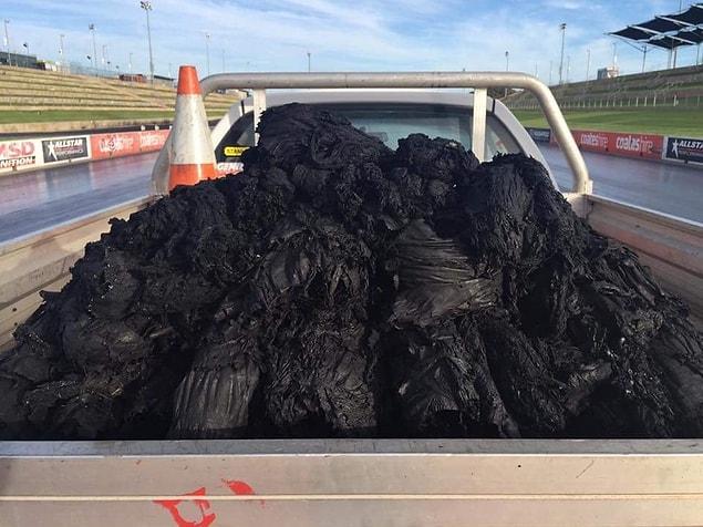 20. All this rubber was scraped off a drag racing track.