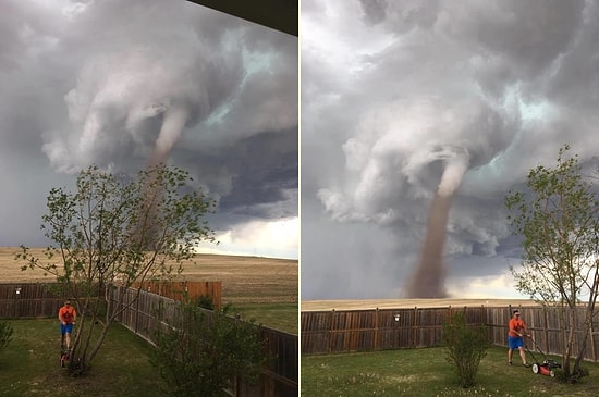 Yaklaşan Kasırgaya Meydan Okurcasına Çimlerini Biçen Adam