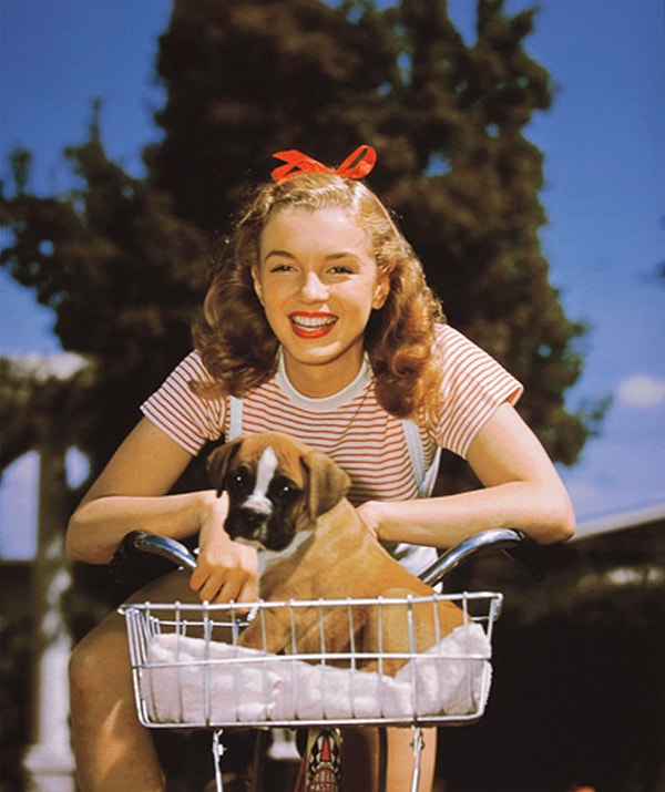 42. Позируя на велосипеде со щенком