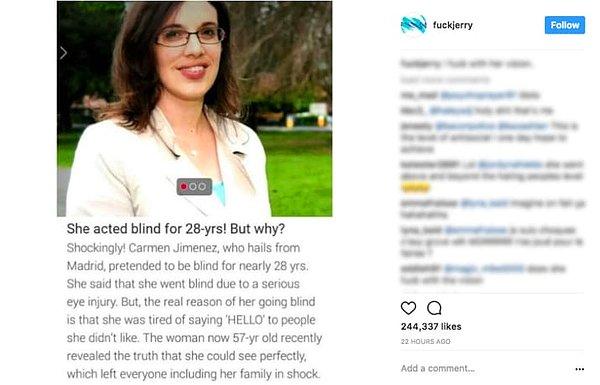 Sahte haberin farklı bir versiyonunda, görme engelli kadının fotoğrafı Vix Lowthion'a ait. İngiltere parlamentosuna Green Party'den aday olan bir politikacı.