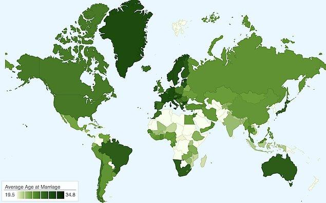 Birleşmiş Milletler tarafından toplanan verilere göre, aşağıdaki diyagramı inceleyerek dünya üzerindeki ortalama evlenme yaşını gözlemleyebilirsiniz.