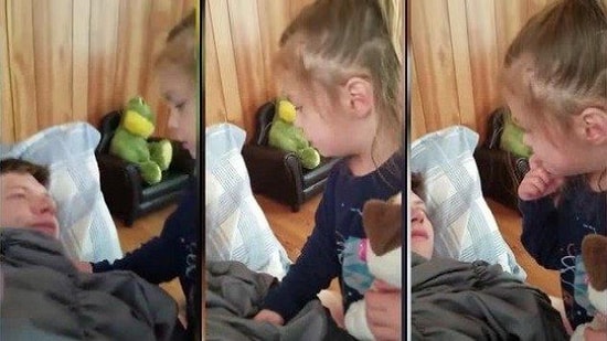 Дочка впервые увидела папу без бороды. Ее реакция просто бесценна :)