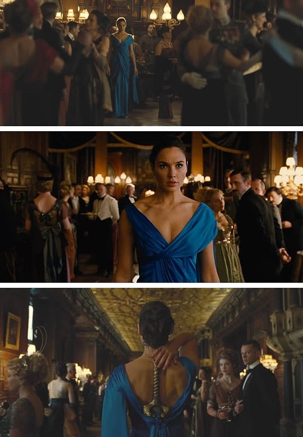 2. Помните ту сцену в фильме, когда она "одалживает" вечернее платье у одной дамы и прячет в нем меч "Убийца богов"?