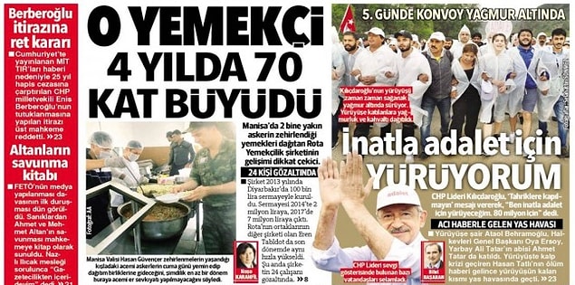 Öte yandan bugün Hürriyet'in manşetten duyurduğu habere göre Manisa’da yüzlerce askerin zehirlenmesinin ardından gündeme gelen Rota Yemekçilik dört yılda 70 kat büyüdü.