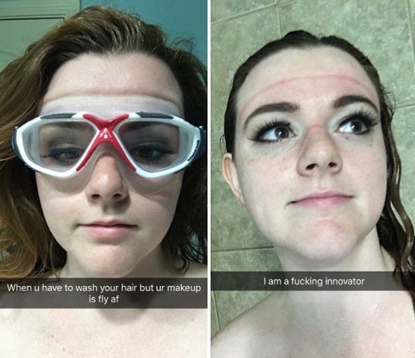 3. Эта девушка решила использовать маску для плавания, чтобы вымыть волосы, не смывая макияж глаз.