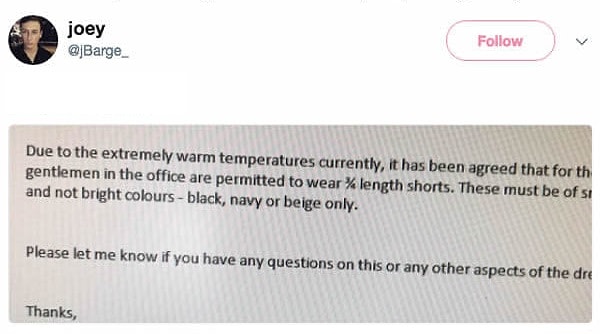 3. Работникам мужского пола разрешили носить шорты длиной 3/4 черного, темно-синего и бежевого цветов