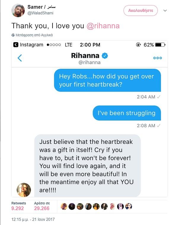 Rihanna şimdi bir kez daha hayranına verdiği göz yaşartan tavsiyelerle gündemde! Terk edildikten sonra kalbi kırılan hayranı çok sevdiği şarkıcıya bir mesaj atıyor ve mesajı karşılıksız kalmıyor...