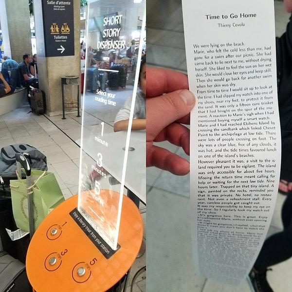 20. Havalimanında beklerken okumak için fiş kağıdına kısa öykü basıp veren sistem.