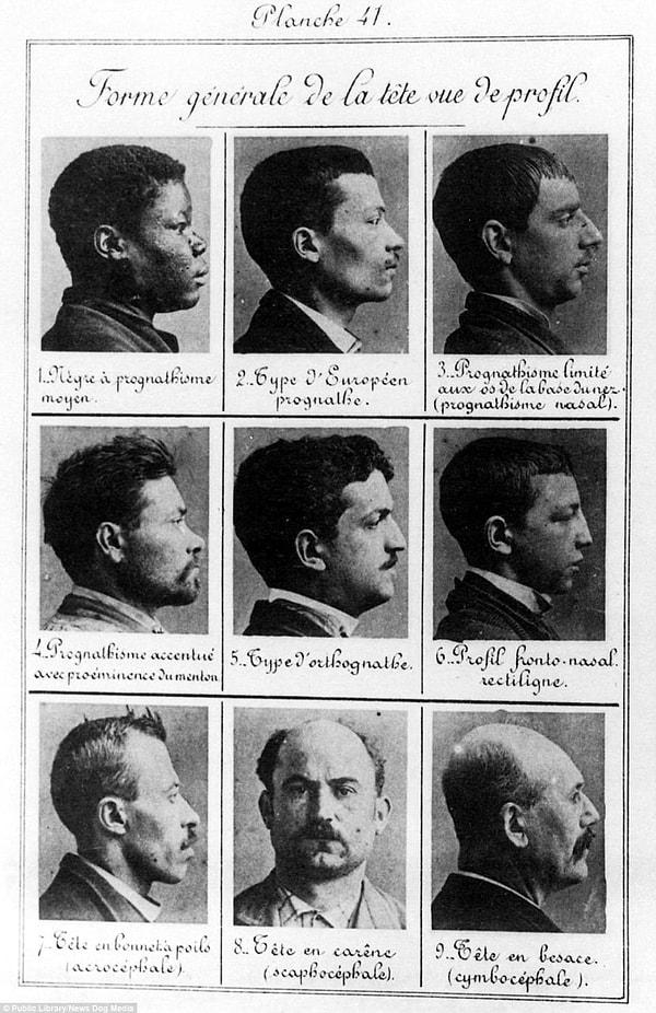 6. Farkli ırklara mensup suçluları tanımlamak için kafatasları inceleniyordu. Bu vesikalıklar 1914'te Fransa'da çekildi.